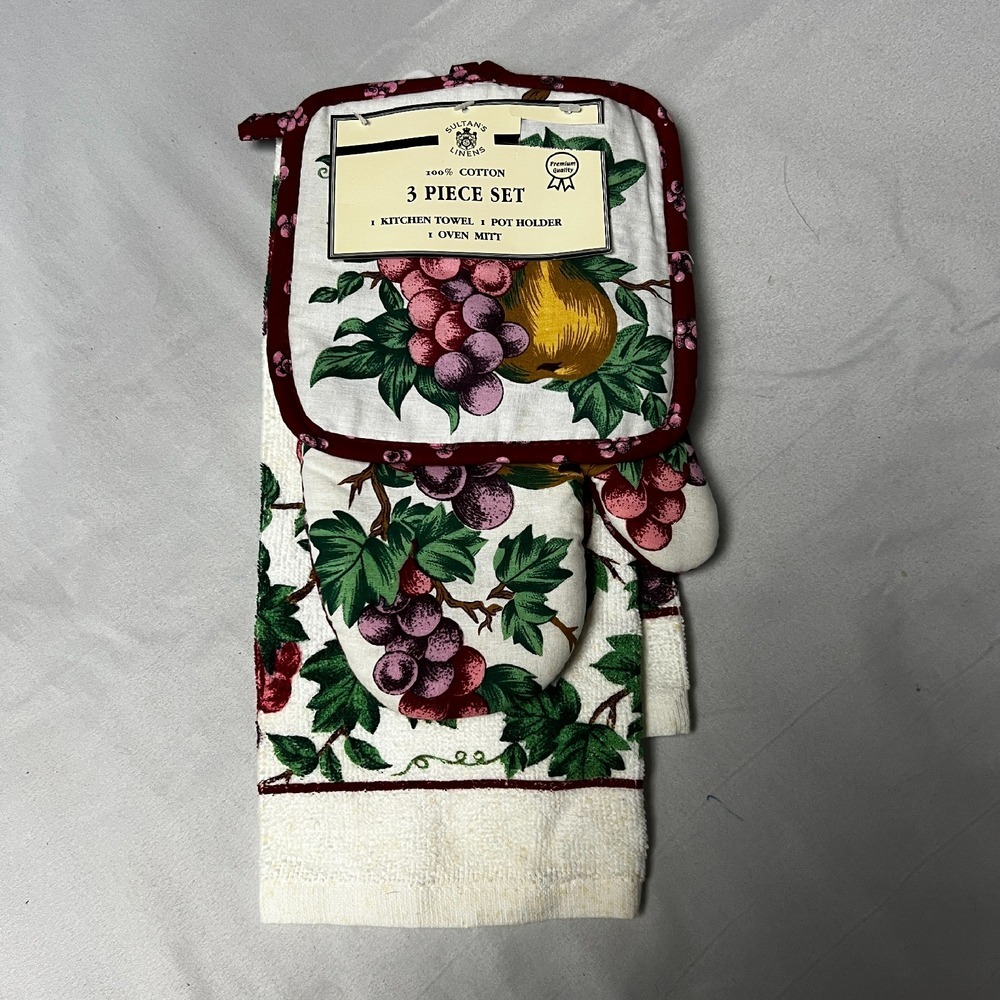 Sultan's Linens Kitchen Towel Set‎ 3-Piece Cotton Fruit Grapes Pot Holder Mitt